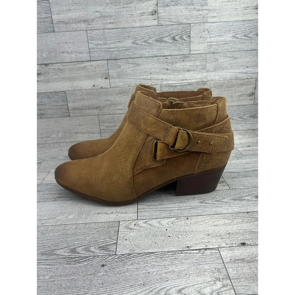 Clarks Artisan Women Tan‎ Leather Ankle Boots Buckle Strap Side Zip Size 10M